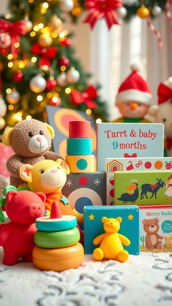 Top Christmas Gifts for 9-Month-Old Babies A variety of Christmas gifts for a 9-month-old baby, including plush toys and colorful blocks.